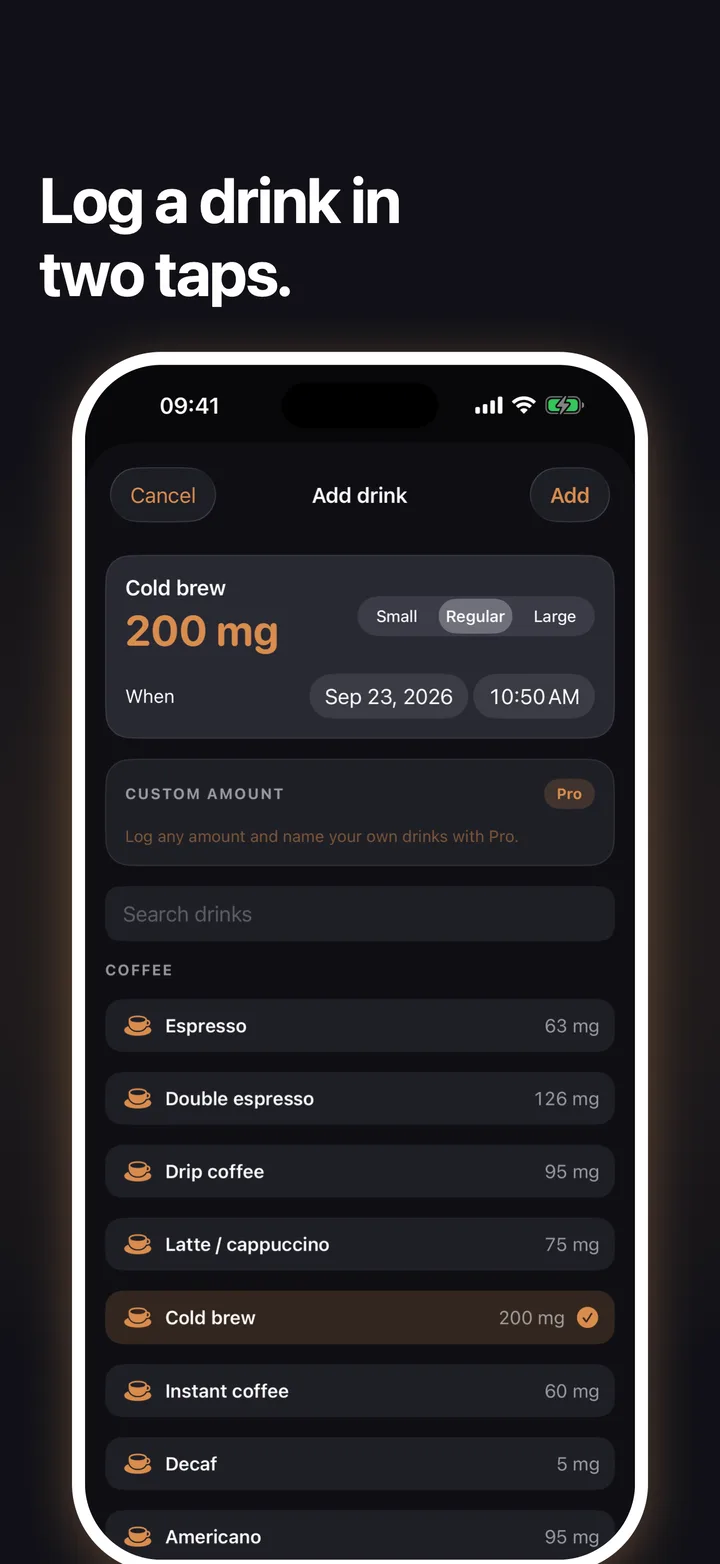 Add drink sheet with cold brew selected, size picker, time picker and a searchable list of coffees