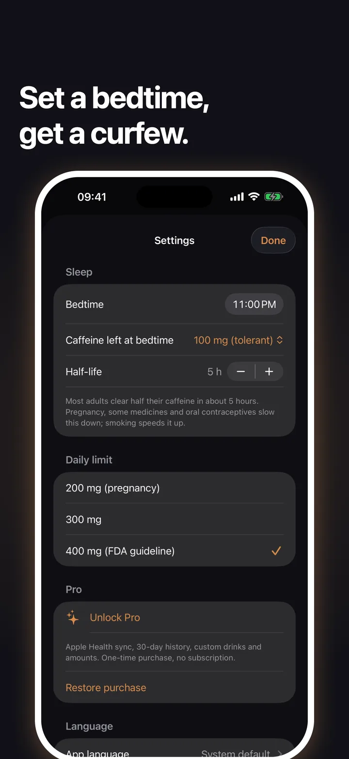 Settings with bedtime, caffeine left at bedtime, half-life stepper and daily limit