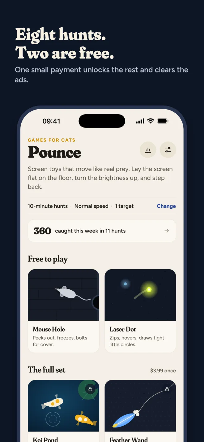Pounce Pad home screen with session settings (10-minute hunts, Normal speed, 1 target), a weekly catch count, the free Mouse Hole and Laser Dot games, and the full set for $3.99 once