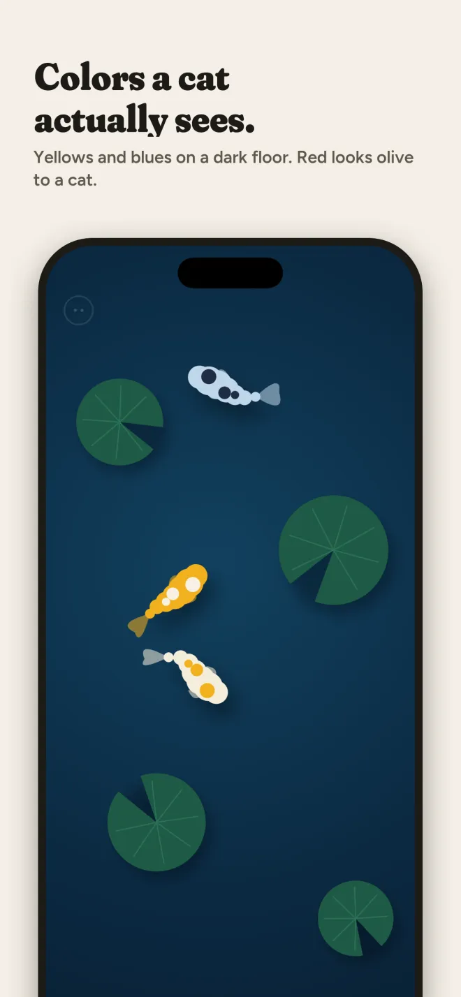 Koi Pond game: yellow, white and pale blue koi swimming between lily pads on dark blue water