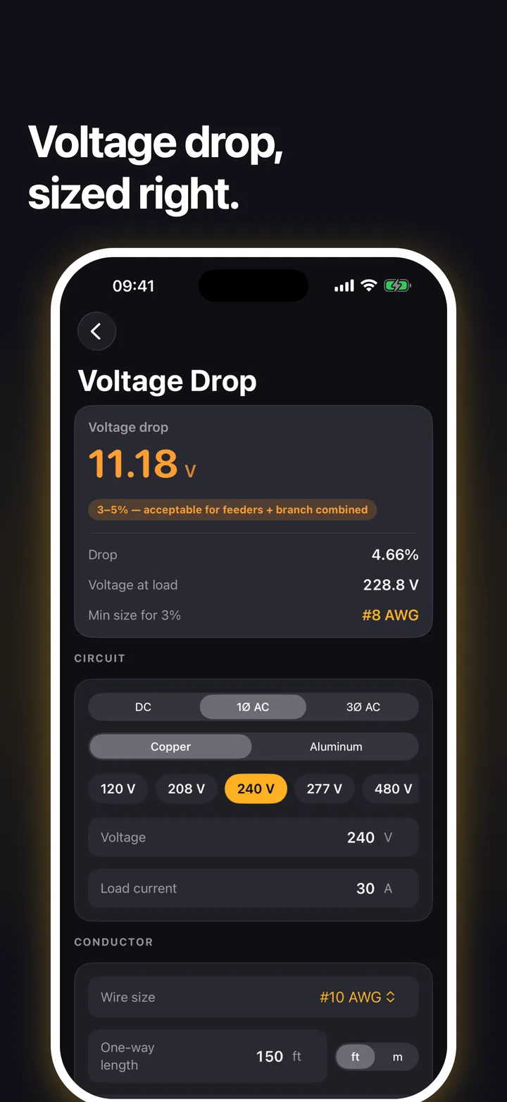 Calcolatrice di caduta di tensione su iPhone con caduta in volt e percentuale e sezione minima per il 3 %