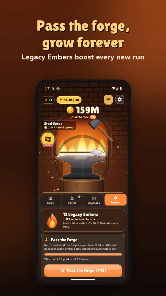 Legacy tab showing 12 Legacy Embers for +60% income and a Pass the Forge button that resets gold, smiths and upgrades for more Embers