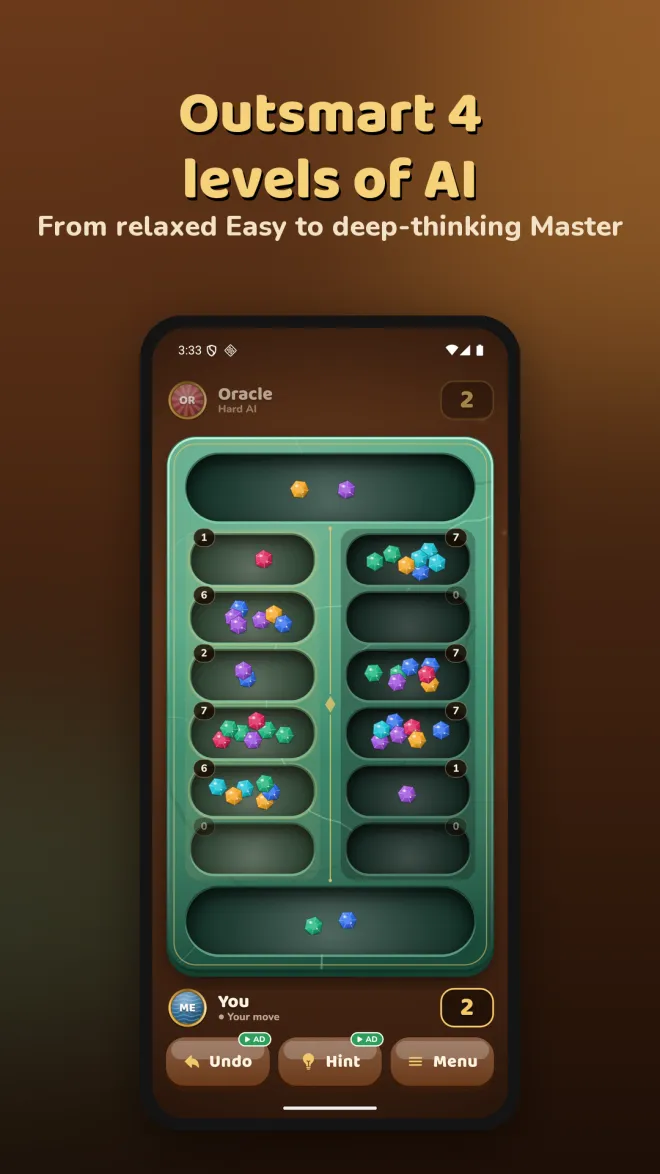 A Mancala game in progress against the Hard computer, with stone counts on each pit, both stores and Undo, Hint and Menu buttons