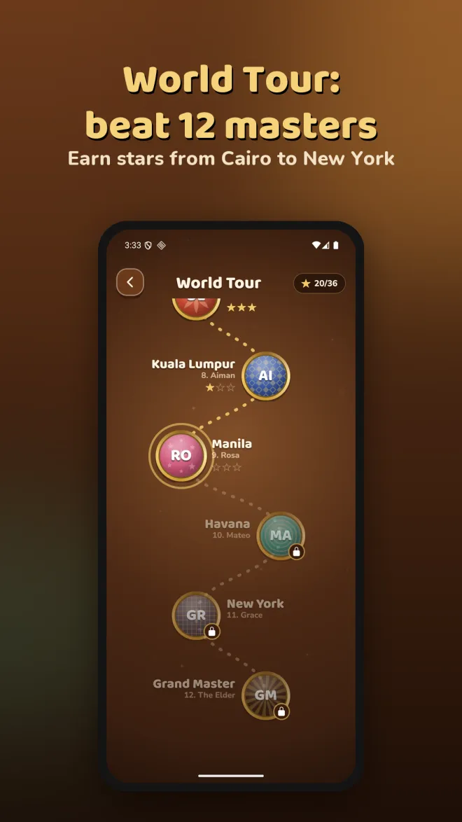 World Tour map with opponents in Kuala Lumpur, Manila, Havana and New York and a final Grand Master, with stars earned for each win