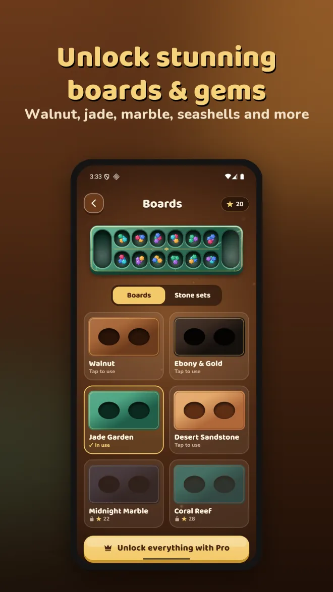 Boards screen showing Walnut, Ebony & Gold, Jade Garden, Desert Sandstone, Midnight Marble and Coral Reef boards, with locked ones needing stars
