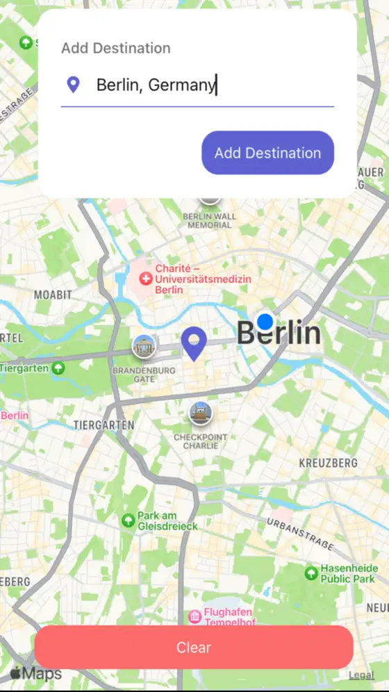 MileGlass map search for choosing a destination