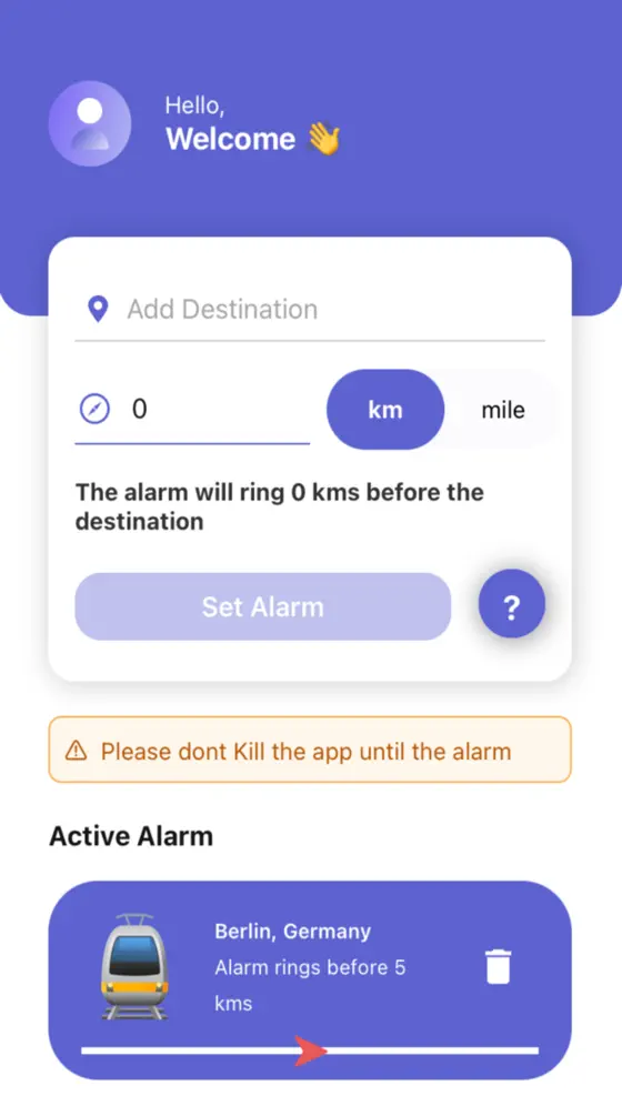MileGlass distance setting in kilometres or miles before the destination