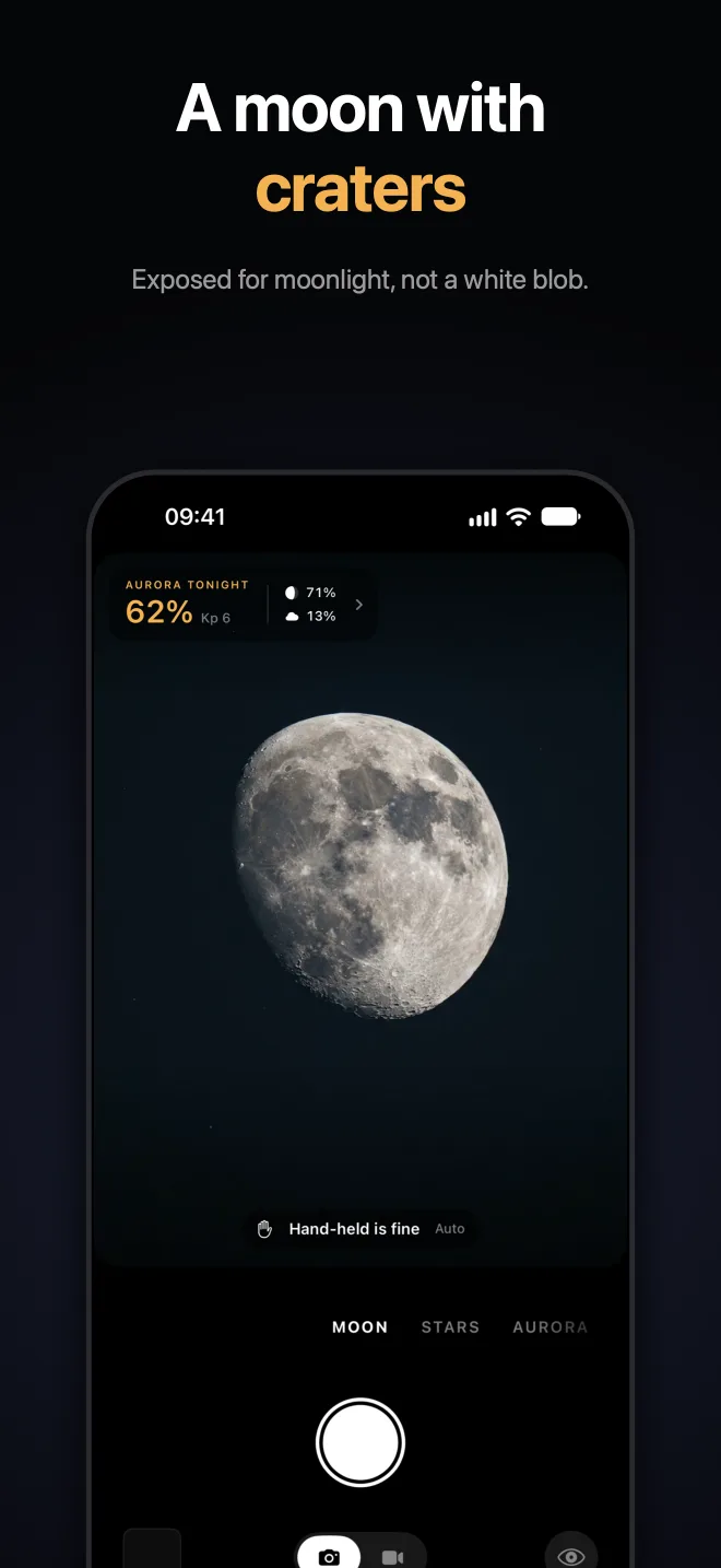 Moon preset showing a sharp gibbous moon with visible craters