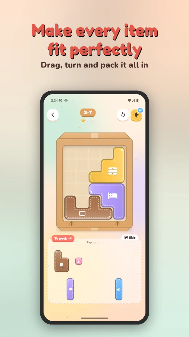 Level 2-7 in a moving box: a dresser, a bed and a monitor already packed, with 4 items left in the tray, a Tap to turn hint, Skip, reset and hint buttons