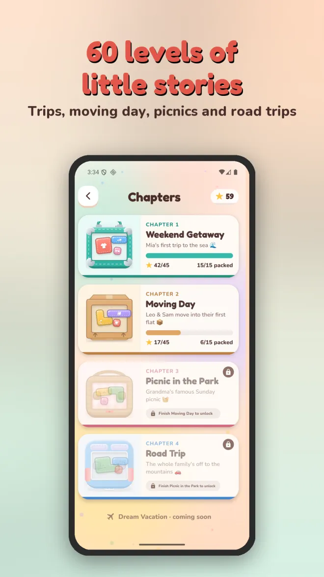 Chapters screen: Weekend Getaway (Mia's first trip to the sea), Moving Day (Leo and Sam's first flat), and locked Picnic in the Park and Road Trip chapters