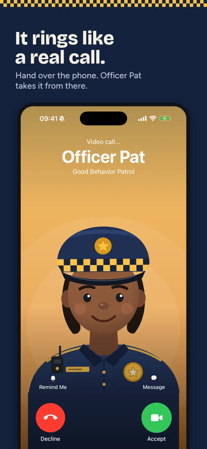 Incoming video call screen from Officer Pat of the Good Behavior Patrol, a smiling cartoon officer, with Decline and Accept buttons