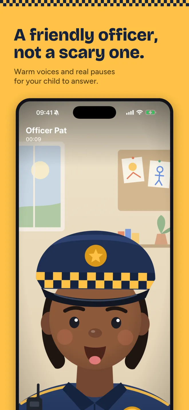 Officer Pat talking during a video call in a bright room with children's drawings on the wall, call timer at 00:09