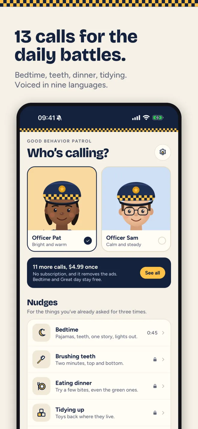 Who's calling screen with a choice of Officer Pat (bright and warm) or Officer Sam (calm and steady), and the Bedtime, Brushing teeth, Eating dinner and Tidying up calls