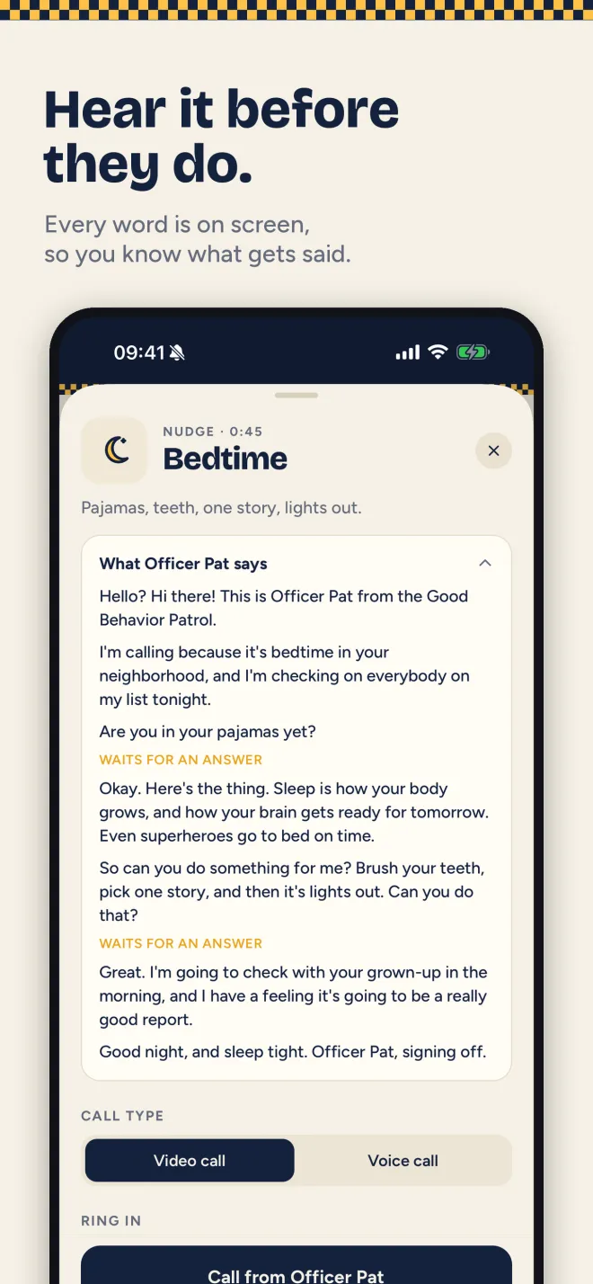 The full Bedtime script shown before the call, with the moments where the officer waits for an answer, and a choice of video or voice call