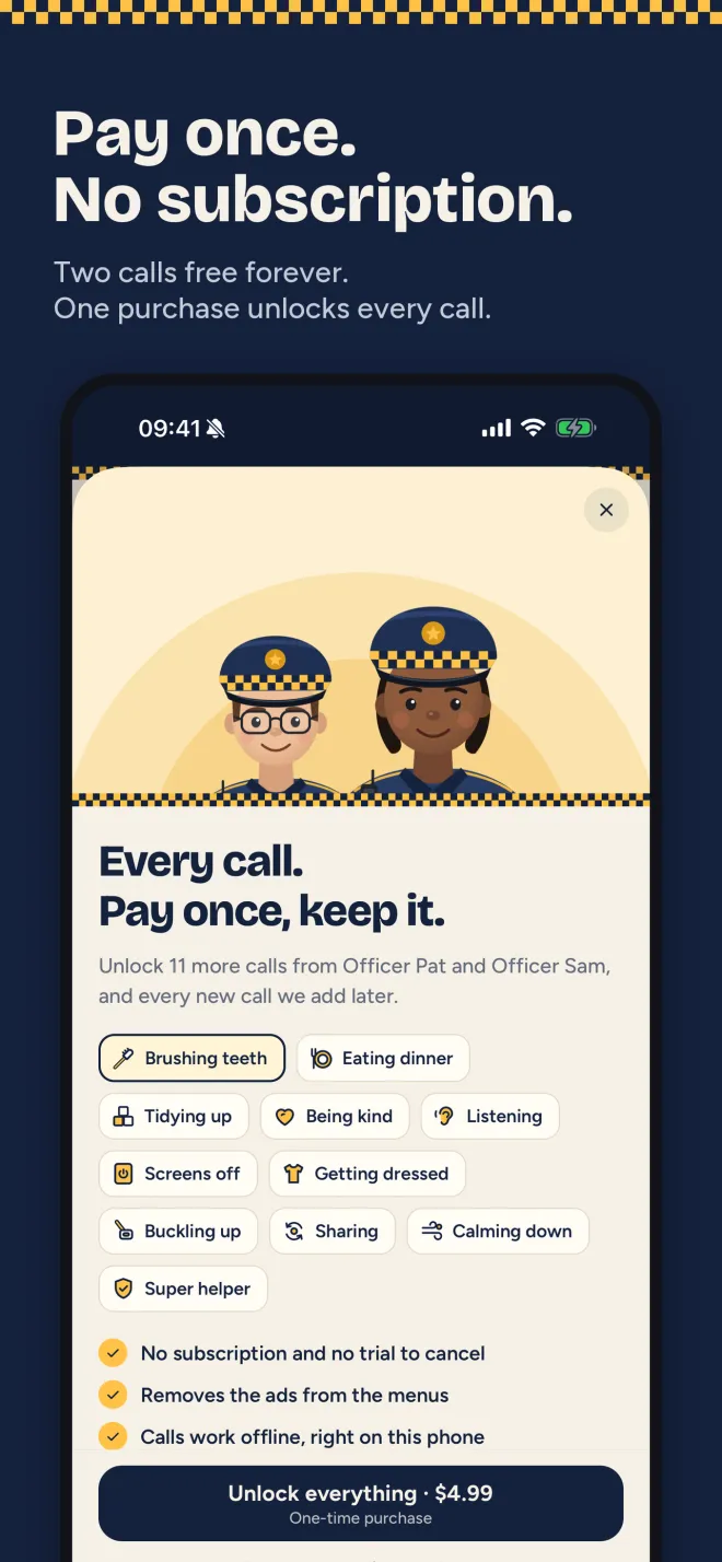 Unlock screen listing the 11 extra calls, no subscription, ads removed from the menus, and calls that work offline