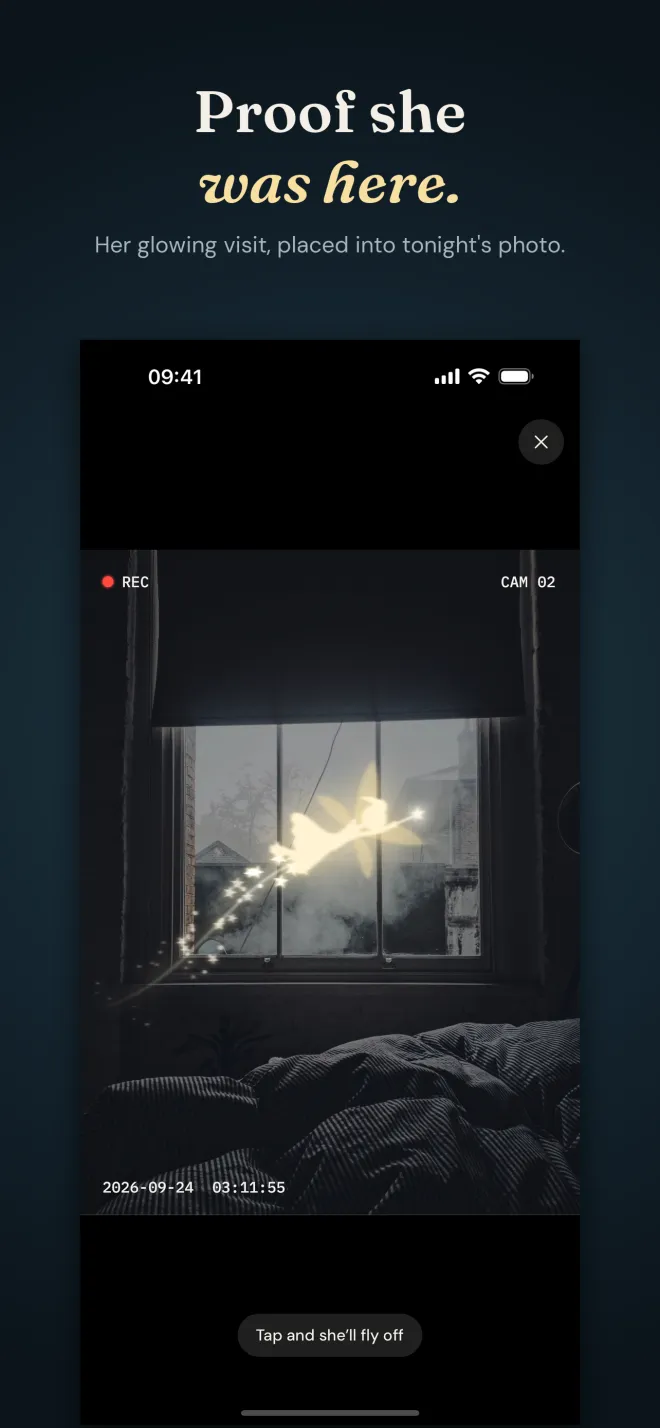A dark bedroom photo with a glowing Tooth Fairy and a sparkle trail by the window, a REC light, CAM 02 and a 03:11 a.m. timestamp