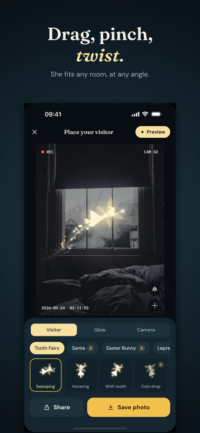 The Place your visitor editor with the Tooth Fairy in a bedroom photo and pose choices Swooping, Hovering, With tooth and Coin drop