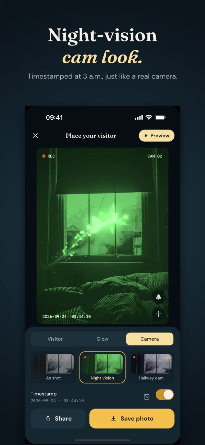 The same bedroom photo in a green night-vision camera look with a timestamp, and camera looks As shot, Night vision and Hallway cam