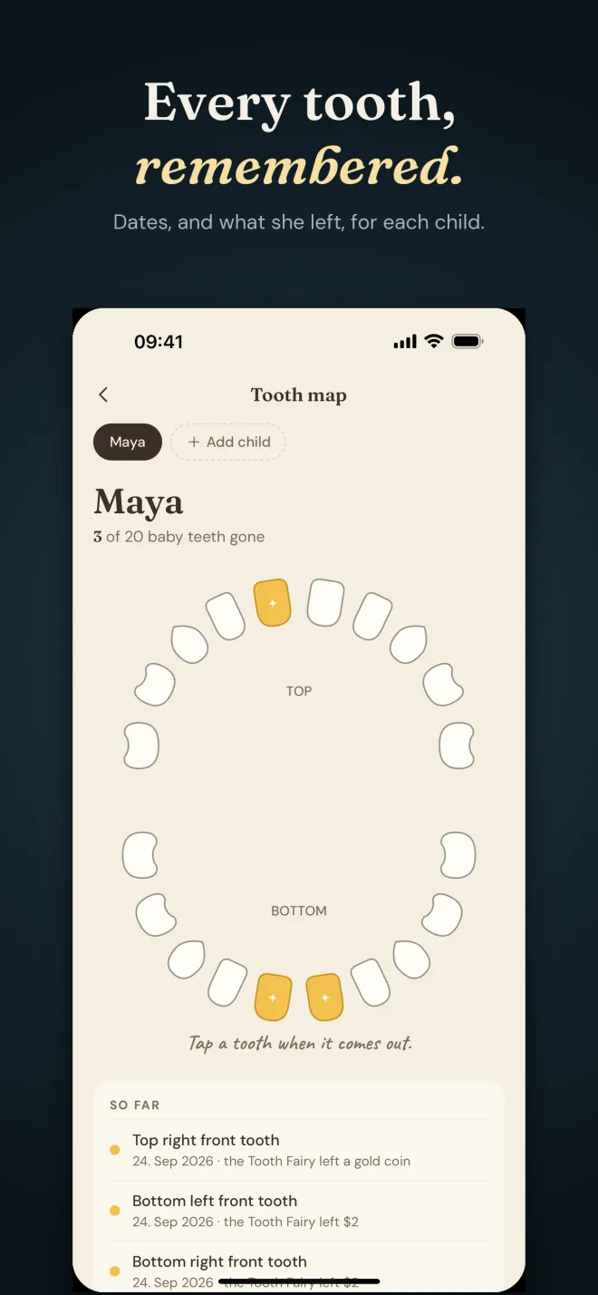 Tooth map for a child named Maya showing 3 of 20 baby teeth gone, with dates and what the Tooth Fairy left for each tooth