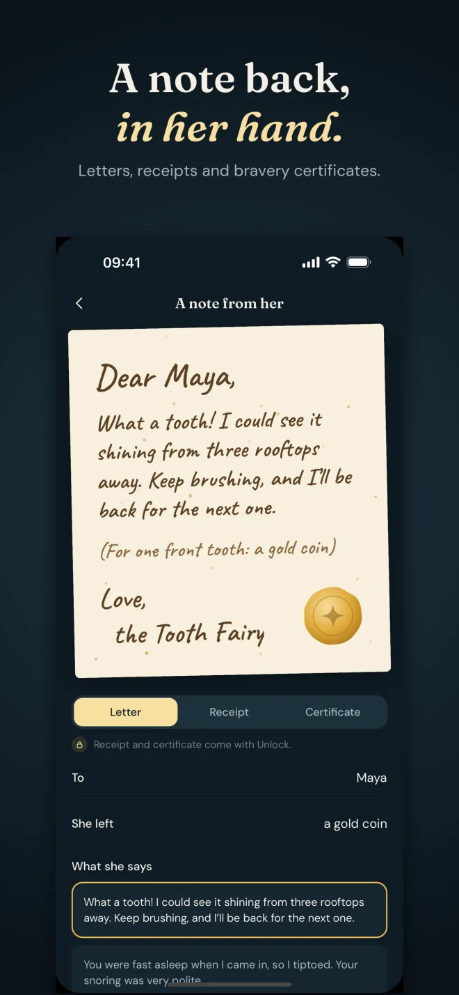 A handwritten letter from the Tooth Fairy to Maya on cream paper with a gold coin, and tabs for Letter, Receipt and Certificate