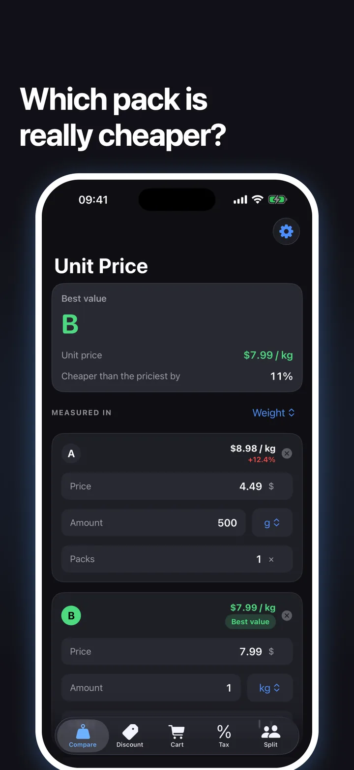 Unit price calculator on iPhone comparing three packs with price per kilogram and the best value highlighted