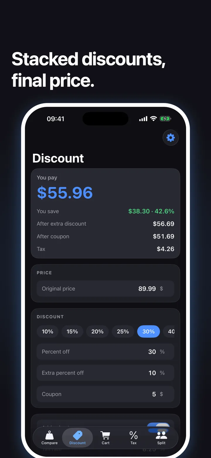 Discount calculator with 30 percent off, an extra 10 percent, a coupon and tax showing the final price and savings