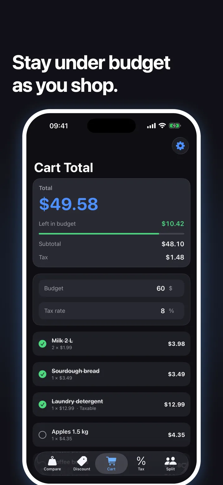 Cart total screen with items, tax, and the amount left in a 60 budget