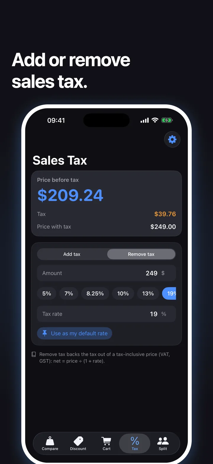 Sales tax calculator removing 19 percent VAT from a tax-inclusive price