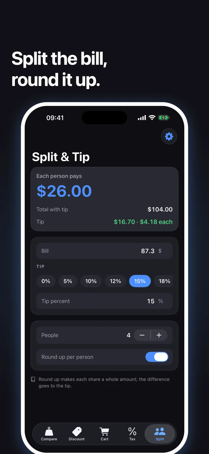 Bill split screen with 15 percent tip for four people rounded up