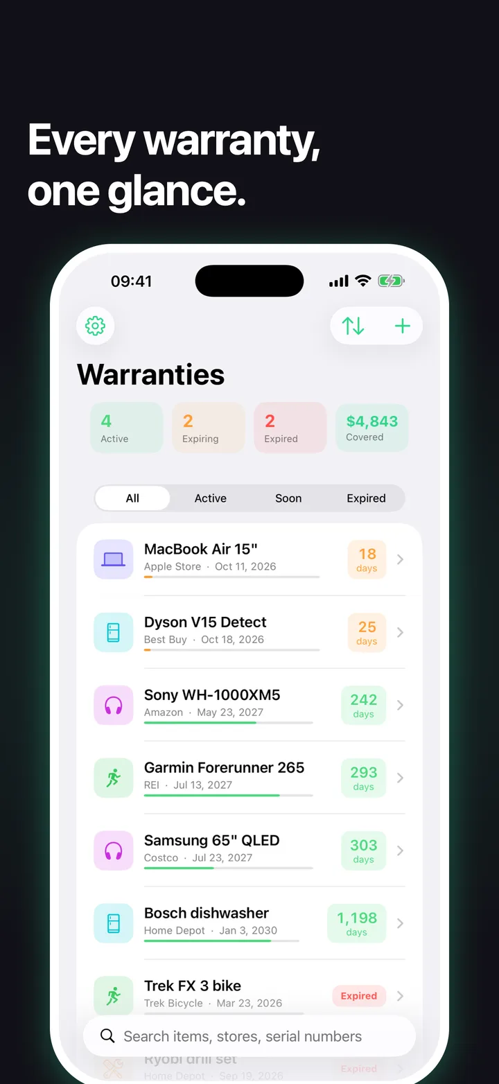 Warranty tracker home screen on iPhone showing active, expiring and expired counts and a list of products with days left