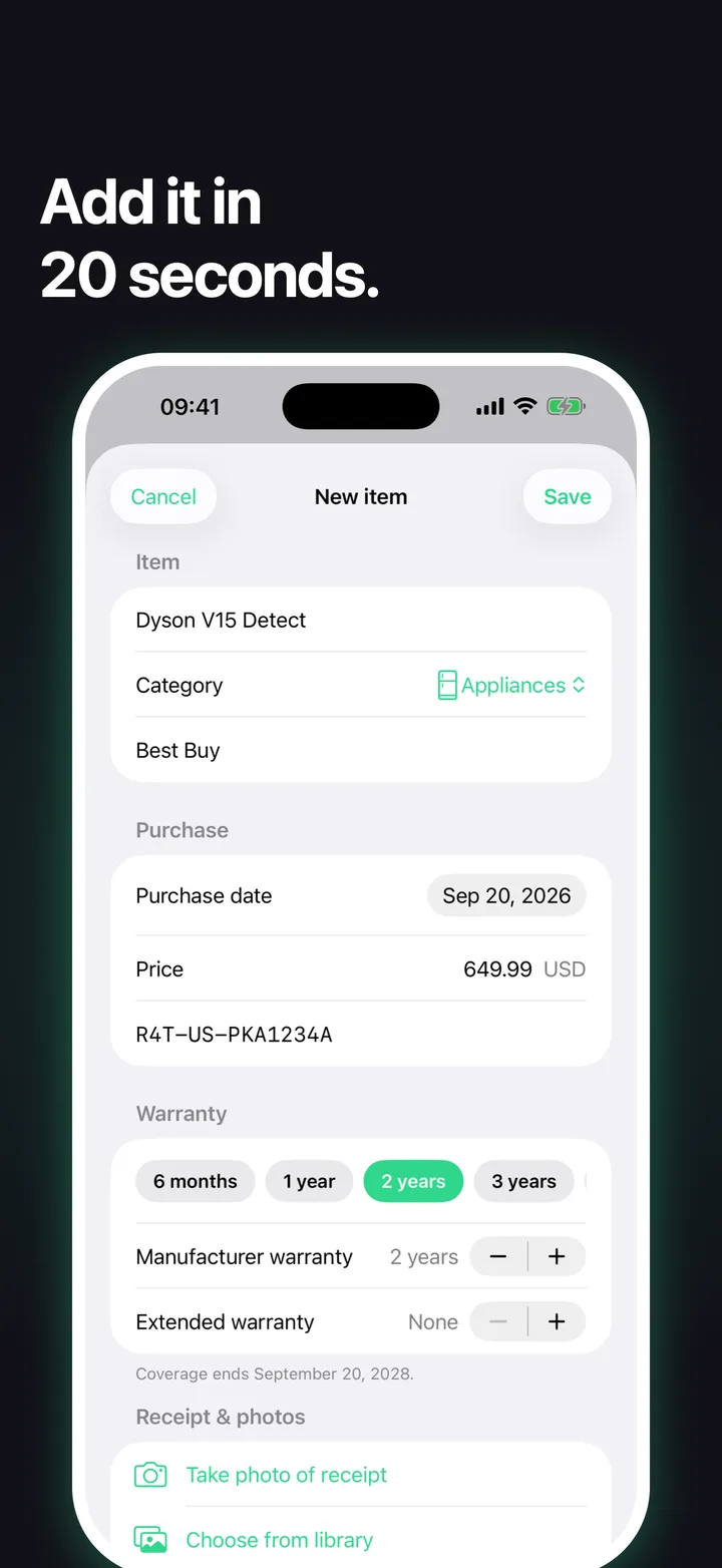 Add item form with name, store, price, purchase date and warranty length chips