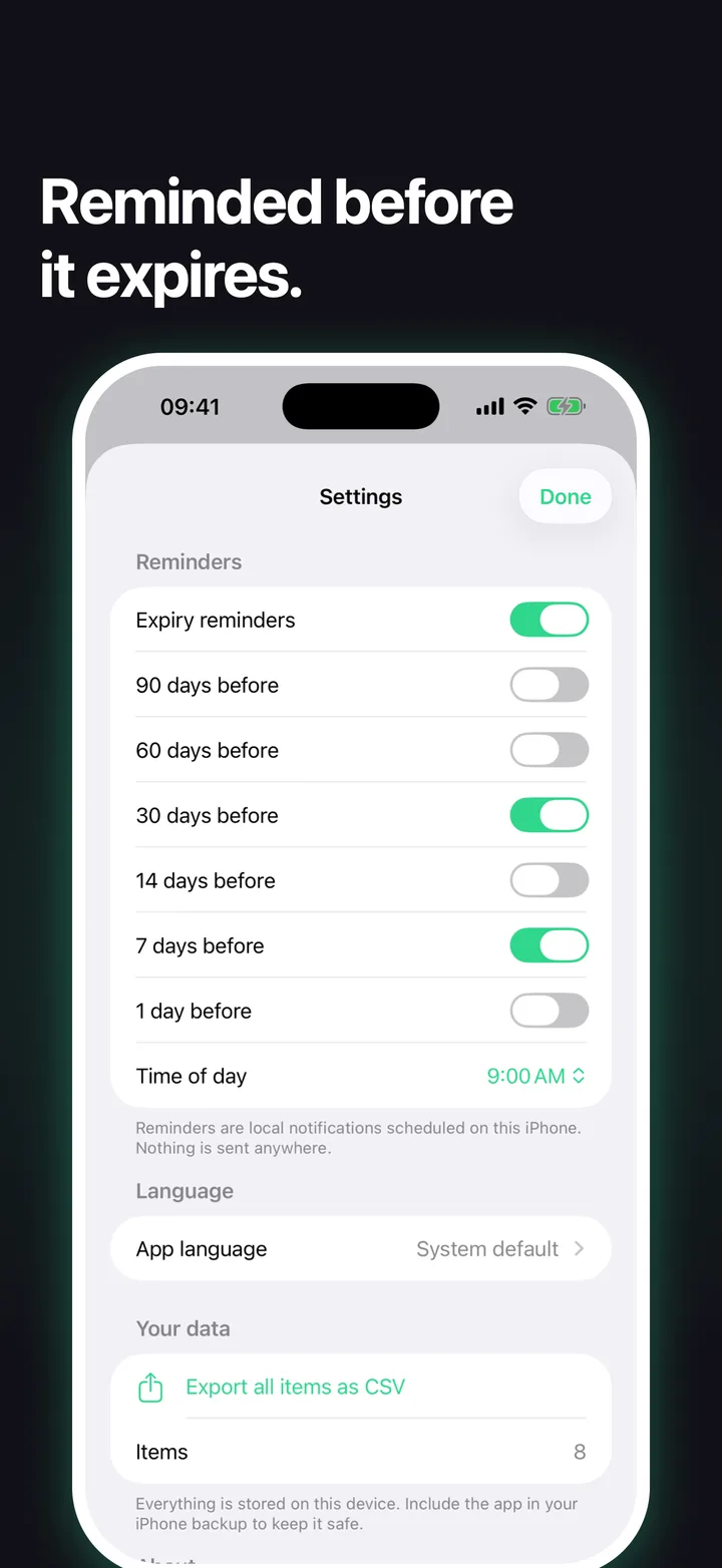 Reminder settings with lead times of 30 and 7 days and time of day
