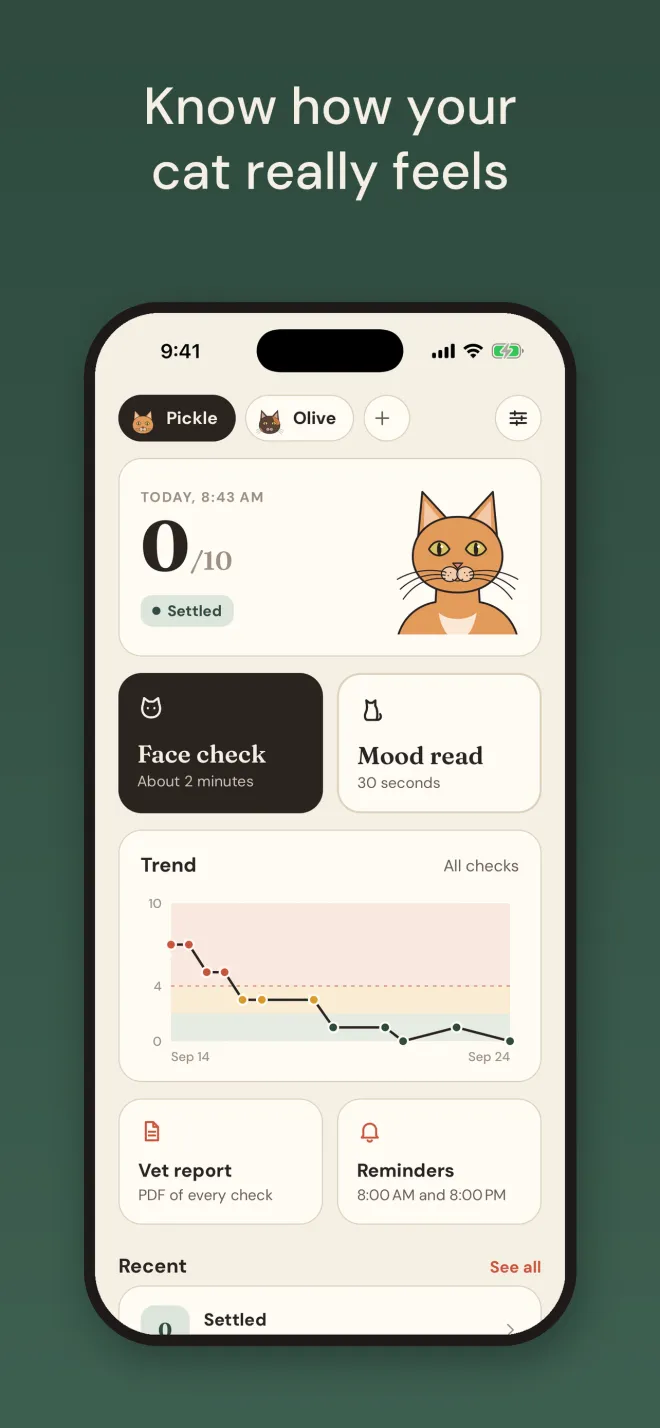 Whisker Check home screen for a cat named Pickle: latest score 0 out of 10 (Settled), buttons for Face check and Mood read, a trend chart and shortcuts to the vet report and reminders