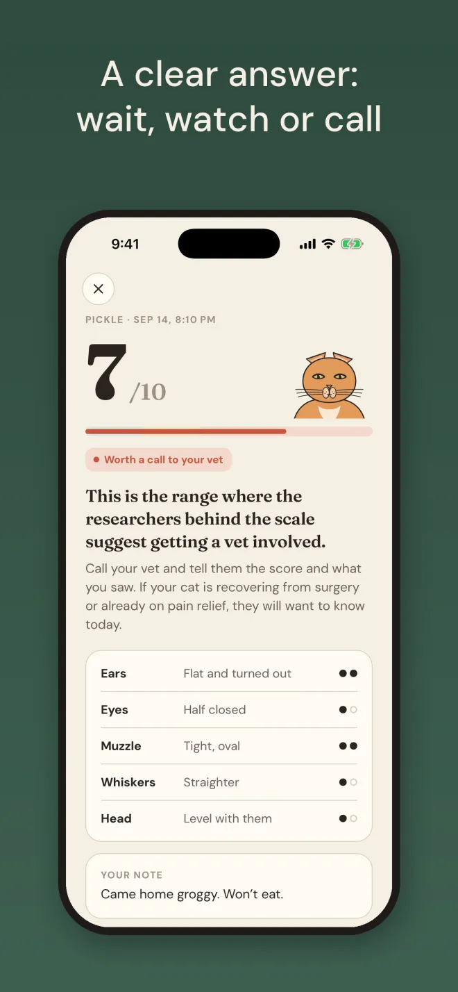 Check result of 7 out of 10 marked Worth a call to your vet, with the score for ears, eyes, muzzle, whiskers and head and the owner's note