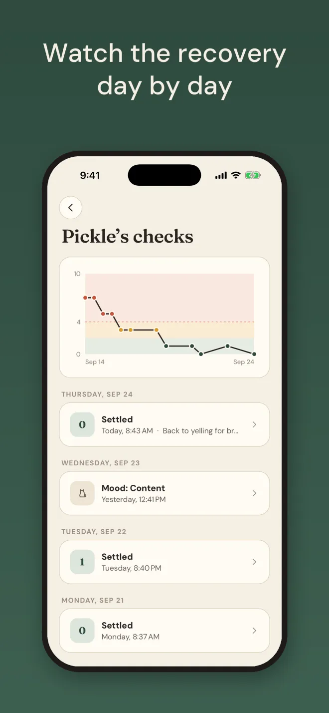 History of Pickle's checks with a chart of scores falling from 7 to 0 over ten days and a list of daily checks and a mood read