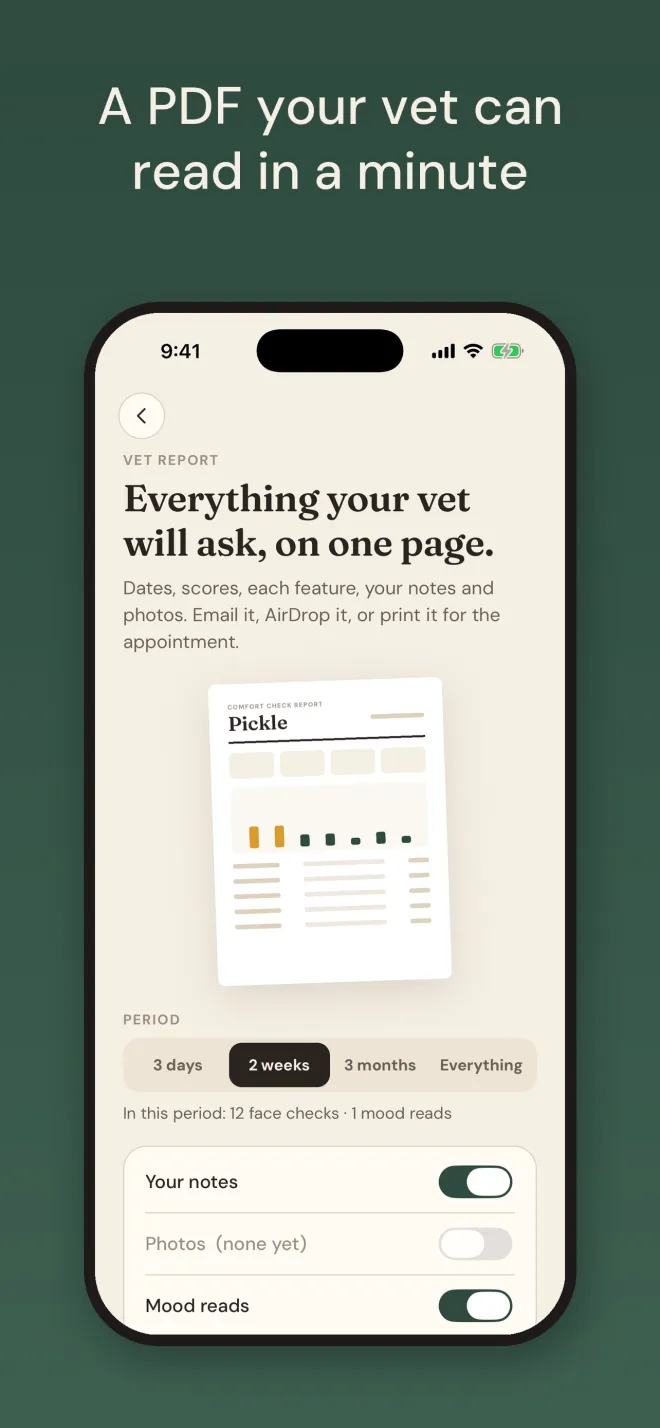 Vet report screen with a PDF preview, a period picker (3 days, 2 weeks, 3 months, everything) and switches for notes, photos and mood reads