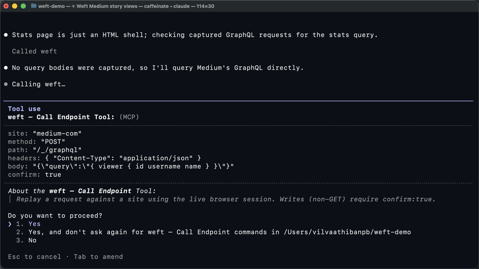 Claude Code asking approval for a POST to medium.com/_/graphql with confirm: true and the query visible