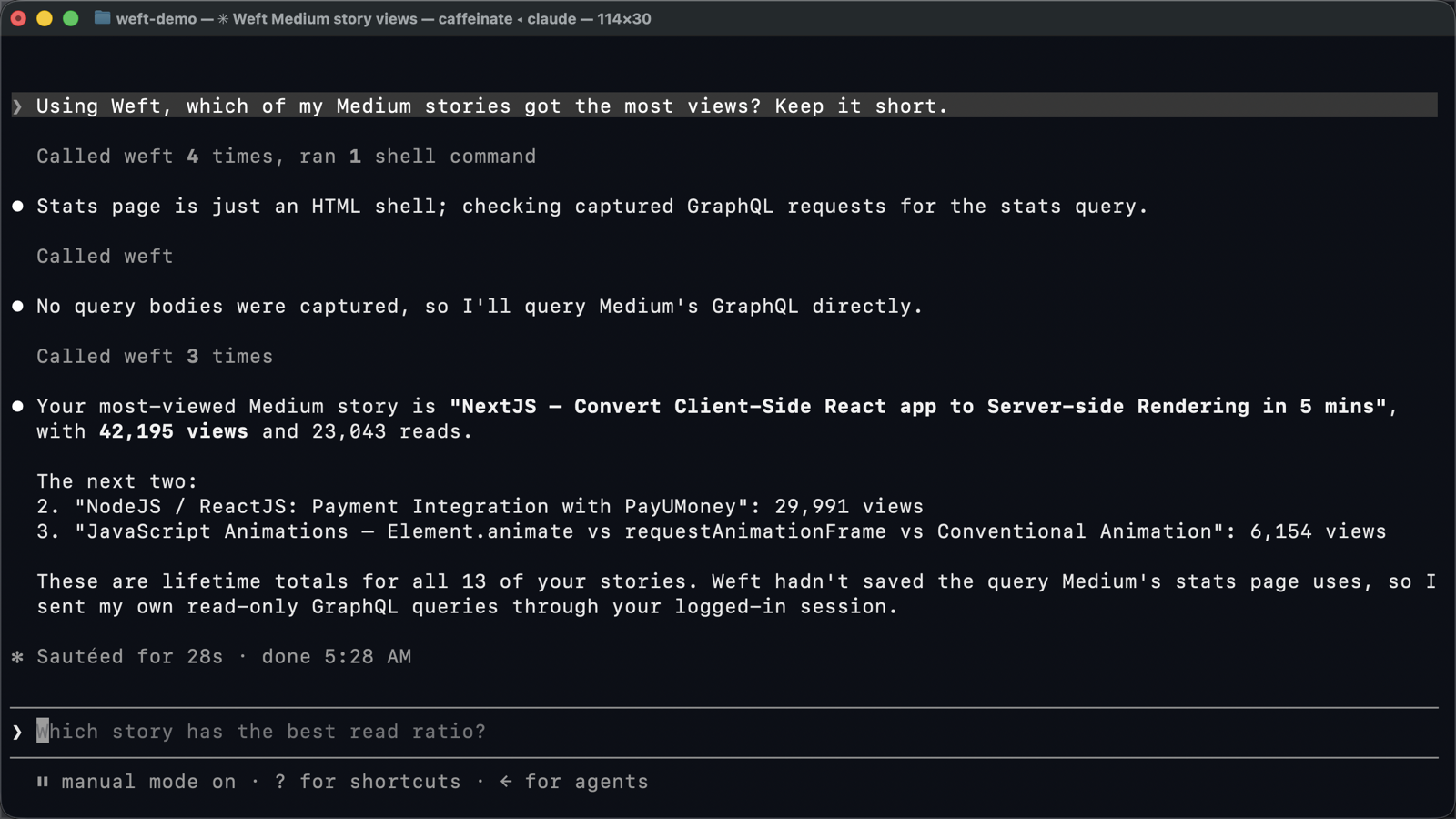 Claude Code answering which Medium story has the most views using Weft