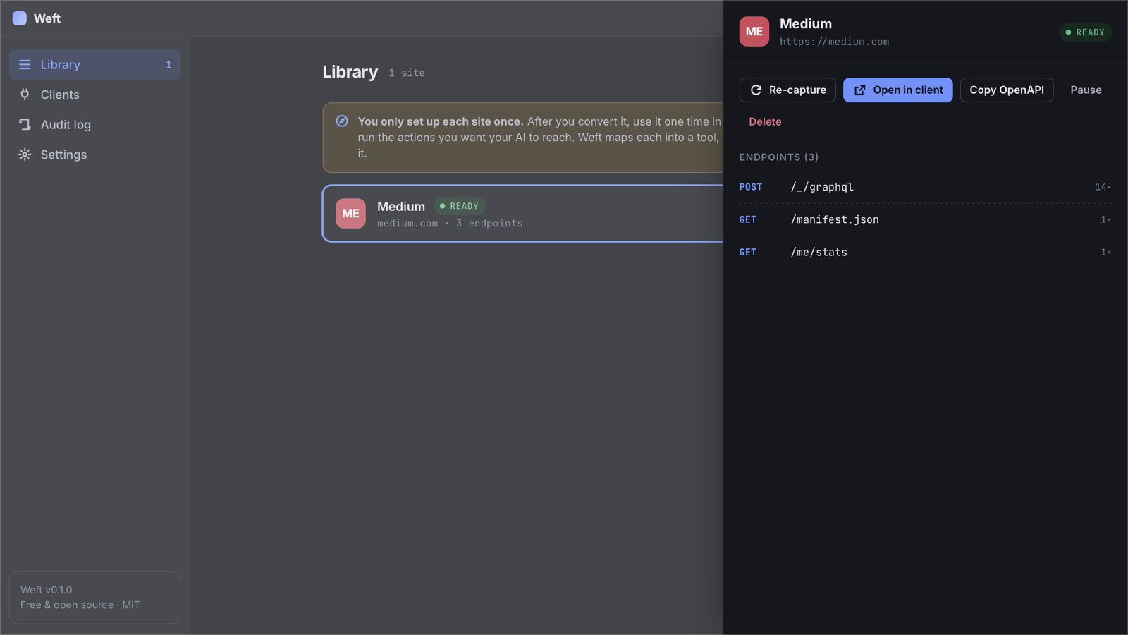 Weft's site detail panel listing the endpoints it learned for Medium, including POST /_/graphql