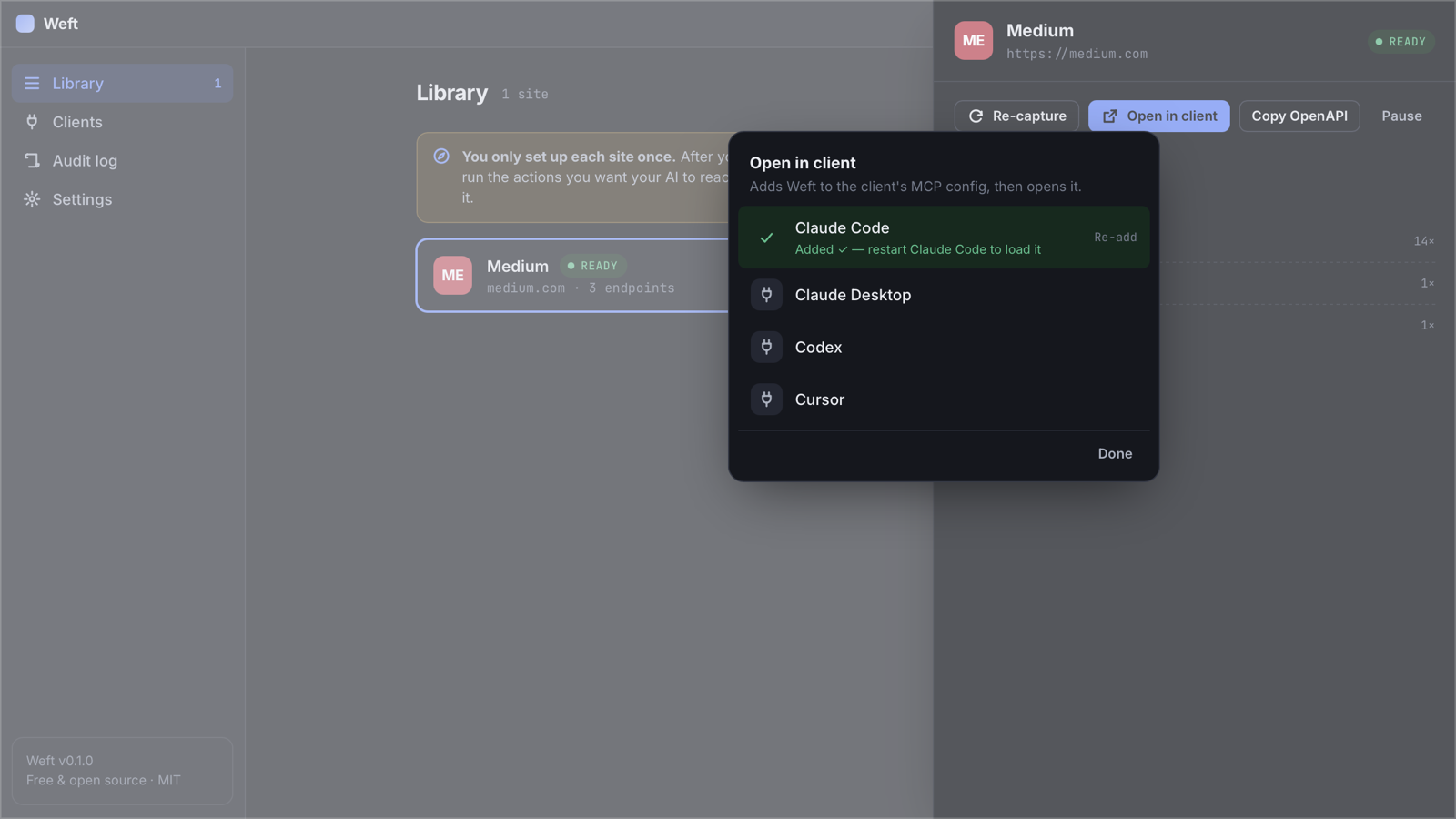Weft's Open in client picker with Claude Code added